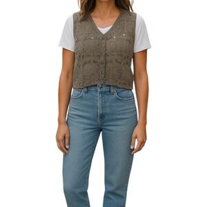 Ann Taylor Linen‎ Crochet Vest Button Front Sleeveless Top Neutral Boho Size L